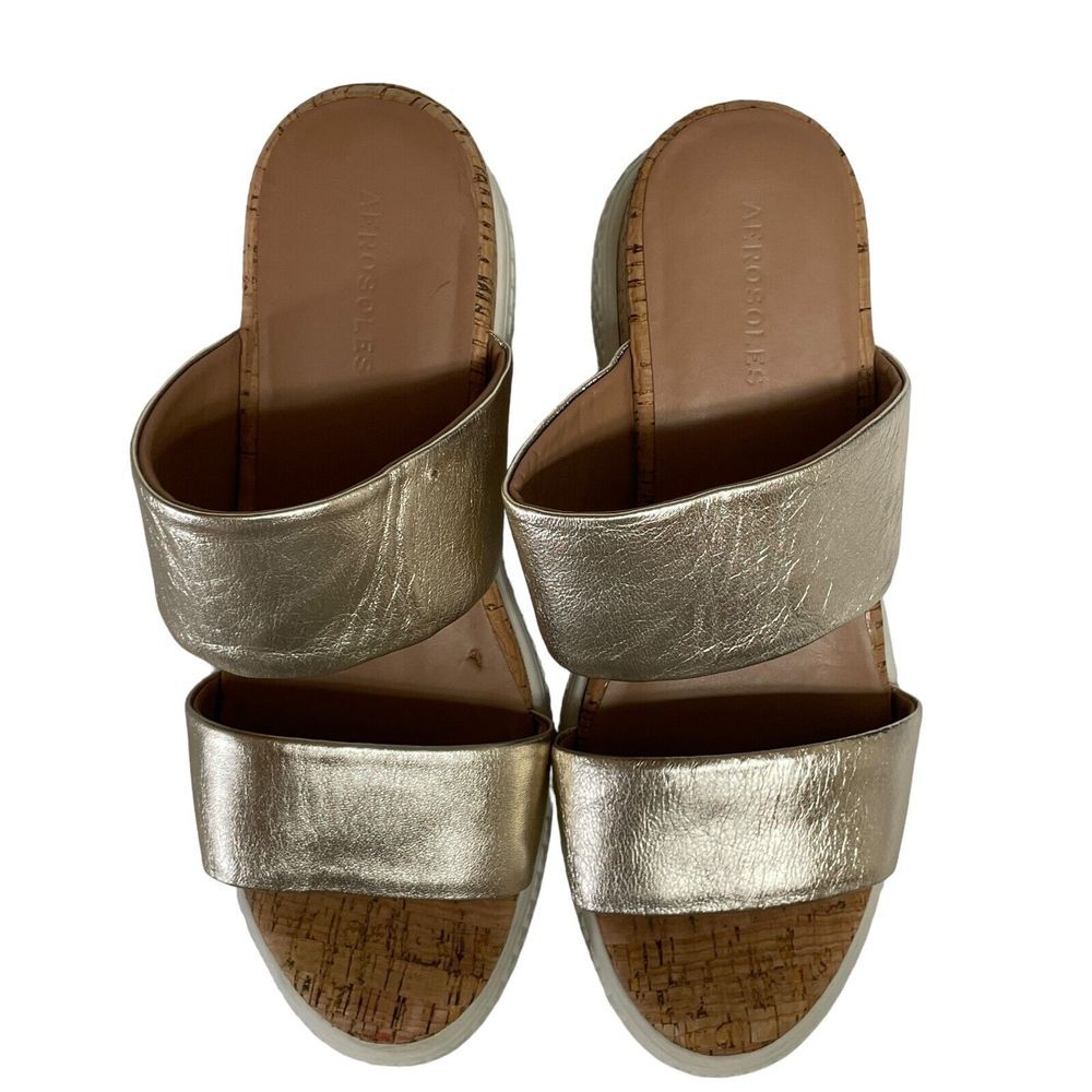 Aerosoles Zeff Womens Gold‎ Strappy Chunky Slides Leather Wedge Cork Size 10M - Picture 10 of 15